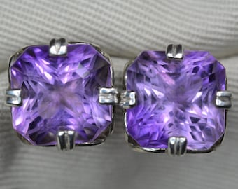 Pendientes de amatista certificados Pendientes de plata de ley de 13,14 quilates Corte de precisión elegante Joyería de piedra de nacimiento de febrero Regalo minado de tierra real AM118