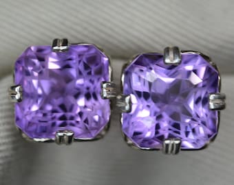 Certified Amethyst Earrings 13.84 Carat Sterling Silver Studs Fancy Precision Cut February Birthstone Jewelry Gift Genuine Real  AM119