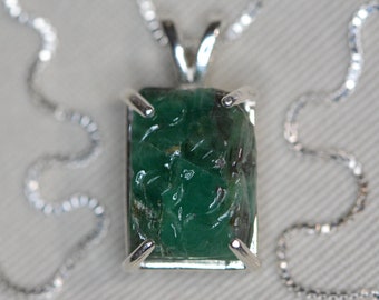 Certified 8.09 Carat Carved Emerald Necklace Pendant Sterling Silver Earth Mined Natural Real Genuine Green May Birthstone Jewelry ep189