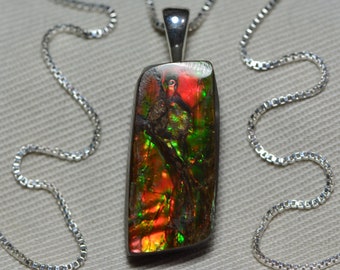 Green Orange Ammolite Necklace, Sterling Silver Pendant, Genuine Natural Real Ammolite Jewelry Jewellery #F178