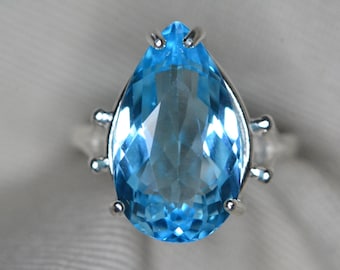 Certified Blue Topaz Ring 11.51 Carats Sterling Silver Real Genuine Natural December Birthstone Jewelry Gift For Her TZ89