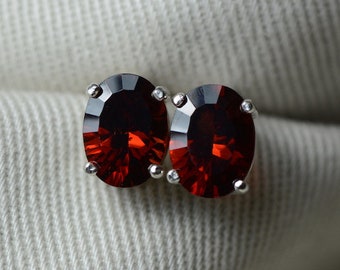 Garnet Stud Earrings 2.50 Carat Concave Oval Cut Red Garnet Jewelry, January Birthstone, Real Genuine Natural Garnet