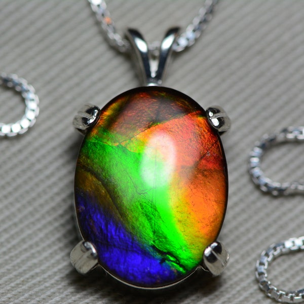 Ammolite Necklace, Sterling Silver, 16x12mm Pendant, Alberta Canada Gem Jewelry, Wood Gift Box, Real Natural Genuine Ammolite Jewellery T32