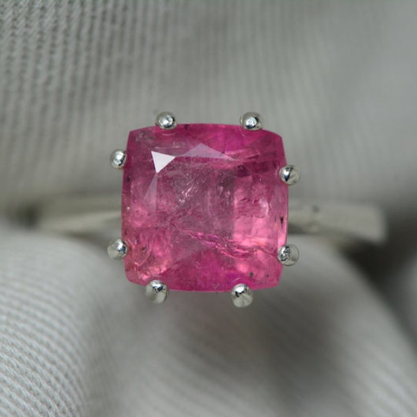 Pink Tourmaline Ring, 3.79 Carat Solitaire, Sterling Silver Jewelry, Certified Natural Real Genuine October Birthstone, Cushion Cut