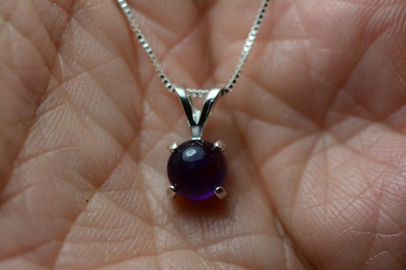 0.95 Carat Genuine Amethyst Cabochon Pendant On Necklace 6mm Round With Fabulous Purple Color Hand Set In Sterling Silver Mountings