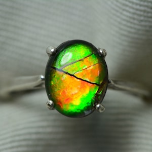 Ammolite Solitaire Ring Sterling Silver 10x8mm Size 6 1/2, Fine Quality Real Genuine Natural Canadian Ammolite Jewelry Gift For Her R58