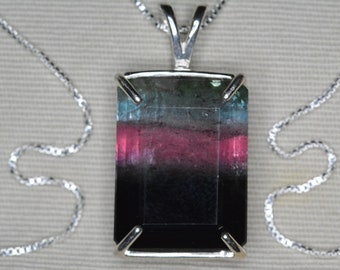 Tricolor Tourmaline Necklace 27.34 Carat Rainbow Watermelon Tourmaline Pendant Sterling Silver Natural Real Genuine October Birthstone BT107