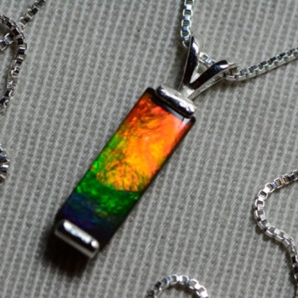 Ammolite Necklace, Rainbow Ammolite Bar Pendant 14x5mm In Rosewood Gift Box With 18" Necklace