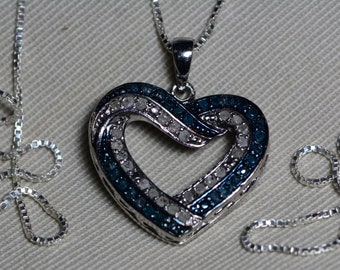 Diamond Heart Necklace, Certified 0.52 Carat Blue & White Diamond Pendant, Christmas Present Anniversary Gift Birthday, Genuine Natural Sale
