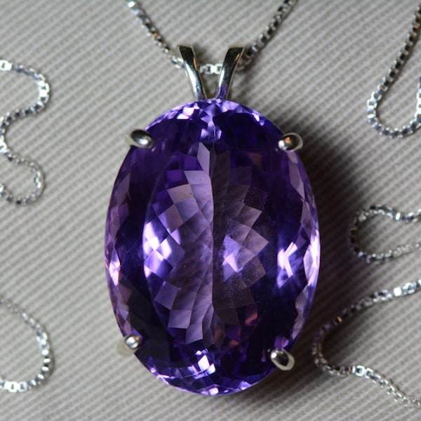 Amethyst Necklace, Certified 39.52 Carat Amethyst Pendant Sterling Silver, February Birthstone, Purple Jewelry, Real Genuine Natural