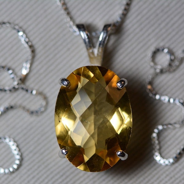 SCRATCHED Citrine Necklace, Certified 9.71 Carat Citrine Pendant Appraised 475.00 Sterling Silver Checkerboard Cut Genuine Natural