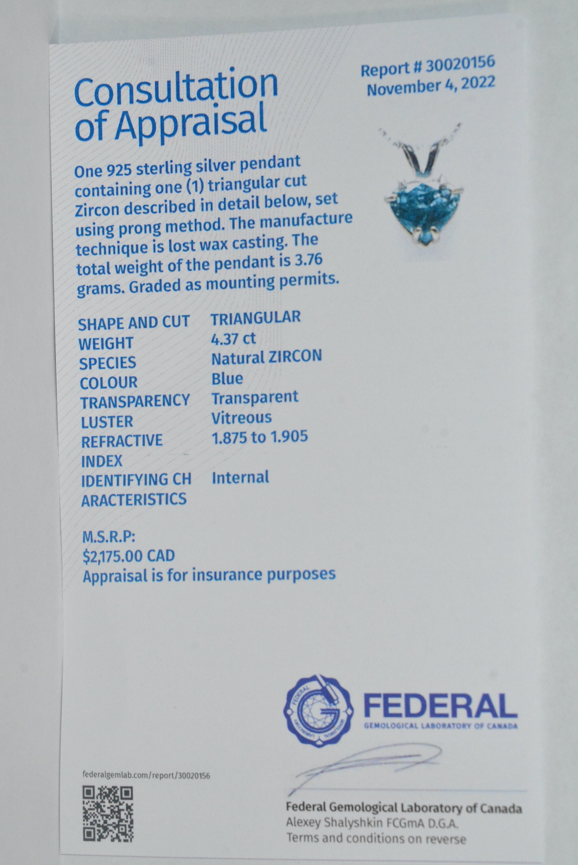 Certified Blue Zircon Necklace 4.37 Carat Pendant Sterling