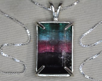 Tricolor Tourmaline Necklace 26.07 Carat Rainbow Watermelon Tourmaline Pendant Sterling Silver Natural Real Genuine October Birthstone BT106