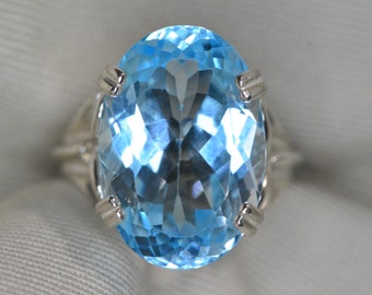 Certified Swiss Blue Topaz Ring 22.65 Carats Sterling Silver Real Genuine Natural December Birthstone Jewelry Gift For Her TZ58