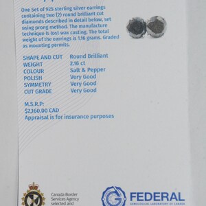 May include: A consultation of appraisal document with text describing a set of sterling silver earrings with round brilliant cut diamonds. The document includes details on weight, color, polish, and cut grade. The earrings weigh 1.16 grams.