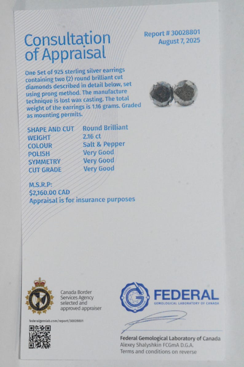 May include: A consultation of appraisal document with text describing a set of sterling silver earrings with round brilliant cut diamonds. The document includes details on weight, color, polish, and cut grade. The earrings weigh 1.16 grams.