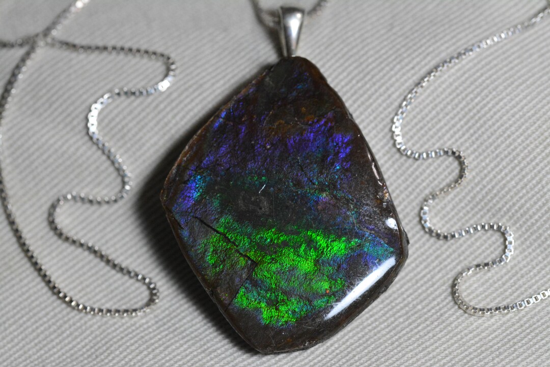 Big Blue Green Raw Ammolite Necklace Sterling Silver Pendant Genuine