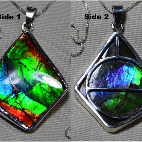 Rare Double Sided Rainbow Ammolite Necklace In Custom Hand Made Bezel Pendant, Sterling Silver, Real Natural Genuine Imperial Ammolite DS11
