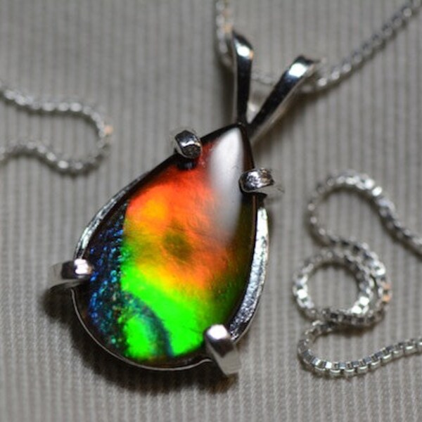Large Pear Shape Ammolite Pendant 21x11mm 18" Necklace Sterling Silver