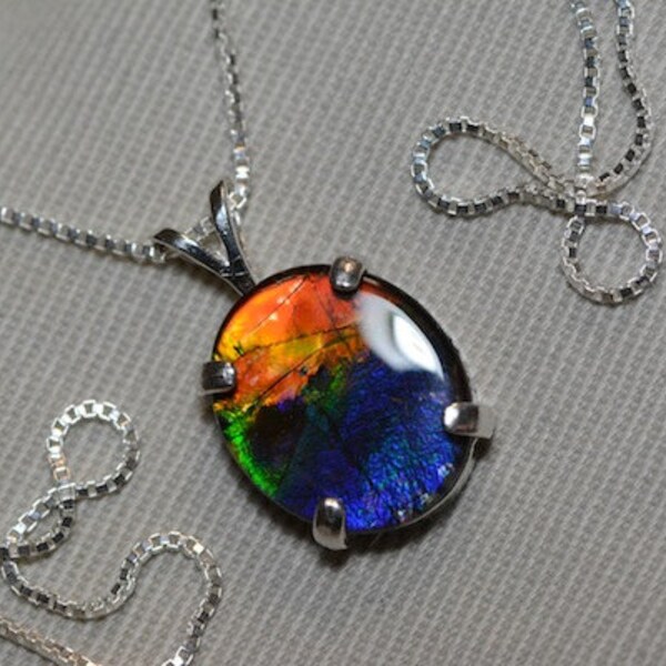 Ammolite ketting, oranje groen blauw Ammolite hanger op Sterling zilveren 16