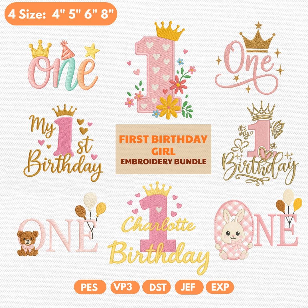 First Birthday Embroidery Design Bundle – Pastel One With Crown, Teddy ...