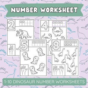 1 bis 10 Zahlenarbeitsblatt - Dinosaurier