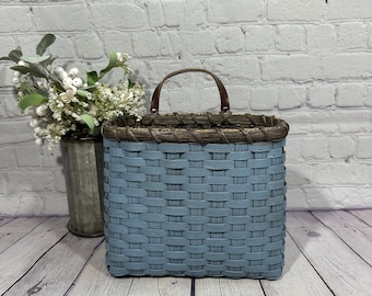 Mail Basket / Wall Basket-Painted / Primitive Style / Handwoven Basket-Slate Blue