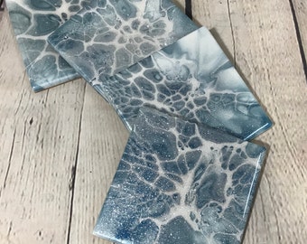 Coasters-Ceramic-Set of 4-Fluid Art-Blue