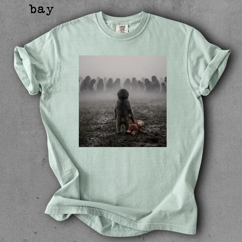 May include: A light green t-shirt with a square graphic of a child holding a teddy bear in a foggy field. The word "bay" is printed in the upper left corner of the shirt.