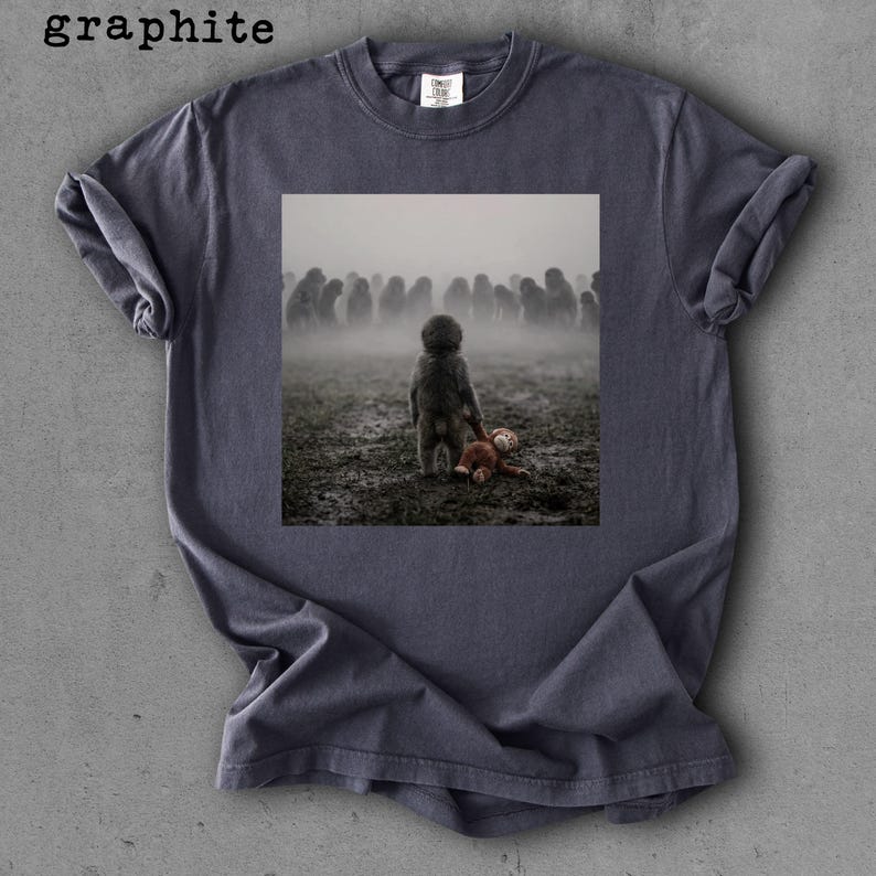 May include: Graphite-colored t-shirt featuring a square image of a child holding a stuffed animal in a foggy field with a crowd of people in the background. The word "graphite" is printed at the top left.