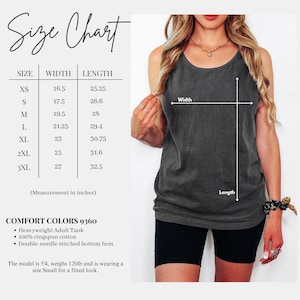 May include: A charcoal gray sleeveless tank top with a round neckline. The image includes a size chart with width and length measurements in inches for sizes XS through 3XL, labeled Comfort Colors 9360, 100% ringspun cotton, and a double-needle stitched hem.