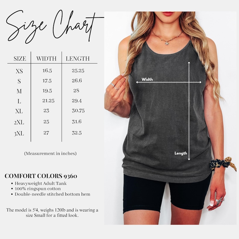 May include: A charcoal gray sleeveless tank top with a round neckline. The image includes a size chart with width and length measurements in inches for sizes XS through 3XL, labeled Comfort Colors 9360, 100% ringspun cotton, and a double-needle stitched hem.