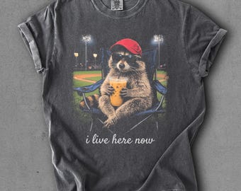 Comfort Colors® Raccoon I live Here Now Shirt, Raccoon Drinking Iced Coffee Shirt, Ballfield Dark Shirt, Baseball field, Baseball Mama Tee,