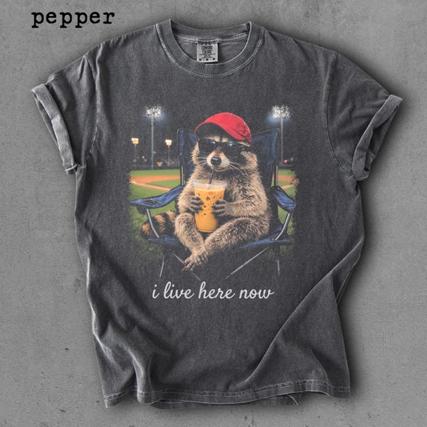 Comfort Colors® Raccoon I live Here Now Shirt, Raccoon Drinking Iced Coffee Shirt, Ballfield Dark Shirt, Baseball field, Baseball Mama Tee,