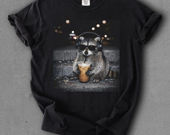 Comfort Colors® Raccoon Drinking Iced Coffee Shirt, Funny Animal Meme Graphic Tee, Coffee Lover Gift, Funny Raccoon Shirt, Unisex Tee