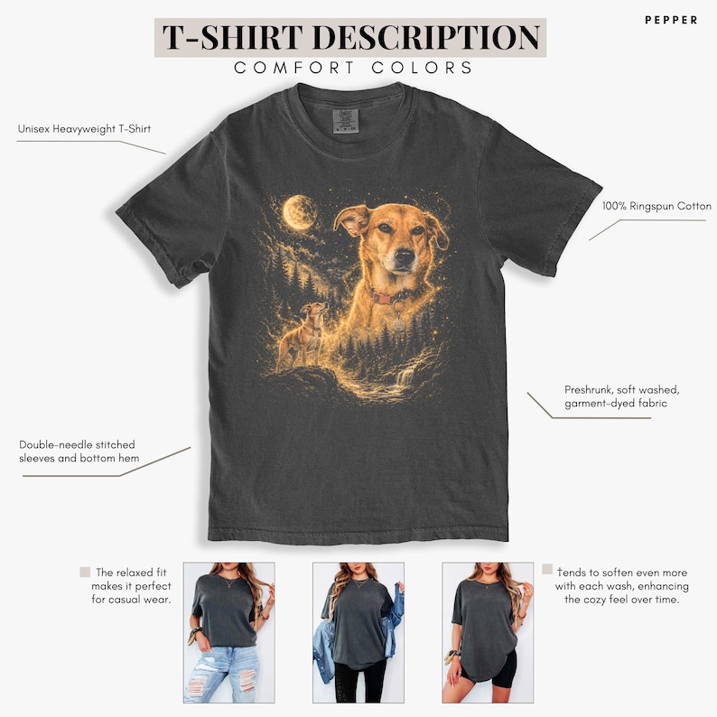 May include: A charcoal gray short-sleeve t-shirt featuring a graphic print of a dog in a forest setting under a full moon. The shirt includes text labels for features like 100% ringspun cotton, preshrunk garment-dyed fabric, and double-needle stitching.