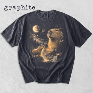 May include: Graphite-colored t-shirt featuring a detailed illustration of two capybaras under a full moon. The design includes a waterfall, trees, and a starry night sky, with the word "graphite" at the top.