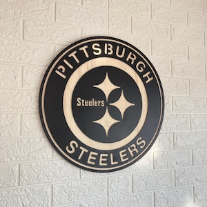 Pittsburgh Steelers Wooden Wall Decor, Laser Cut Design with Light and Black Wood Layers, Rustic Sports Team Art for Home or Office