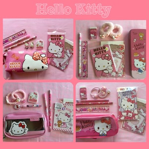 May include: A Hello Kitty themed stationery set with a pink pencil case, pink pencils, pink erasers, a pink ruler, a pink pencil sharpener, and a pink Hello Kitty tin box. The set also includes a pink Hello Kitty notebook and a pink Hello Kitty pencil pouch.