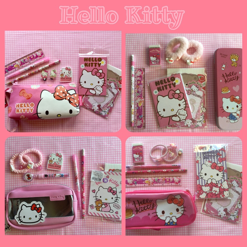 May include: A Hello Kitty themed stationery set with a pink pencil case, pink pencils, pink erasers, a pink ruler, a pink pencil sharpener, and a pink Hello Kitty tin box. The set also includes a pink Hello Kitty notebook and a pink Hello Kitty pencil pouch.