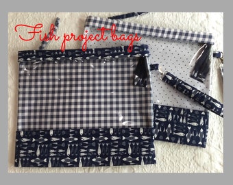 Navy White Fish Large Project bag, clear view Vinyl, Zipper knitting, Crafts Crochet Pouch with key chain holder, travel organize