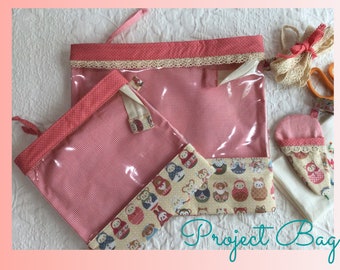 Adorable Russian doll print Large Zipper Project bag, clear view Vinyl knitting, Crafts Crochet Cross Stitch Pouch Standing, travel organize