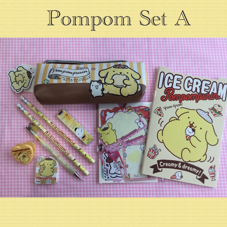 May include: A set of Pompompurin stationery featuring a yellow dog character. The set includes a pencil case, pencils, a notepad, stickers, and a book with the text "ICE CREAM Pompompurin yum-yom! Creamy & dreamy!"