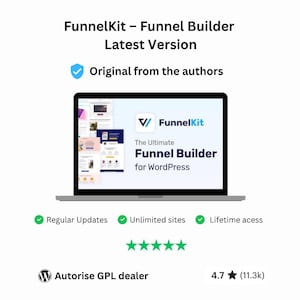 May include: A laptop screen displays the FunnelKit - Funnel Builder interface. The text reads "The Ultimate Funnel Builder for WordPress." Additional text includes "Regular Updates," "Unlimited sites," and "Lifetime access."
