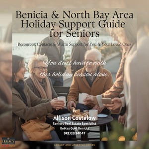 Peut inclure: Image promotionnelle pour un guide de soutien pendant les fêtes pour les seniors de Benicia et de la région de North Bay. L'image montre un groupe de personnes, dont des personnes âgées, partageant des boissons. Le texte dit : « Vous n'avez pas à marcher seul pendant cette période des fêtes. »