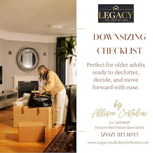 May include: A woman in a beige sweater and white pants is organizing a black bag on a wicker trunk. The image includes text that reads "Downsizing Checklist" and "Legacy and Lifestyle Homes."