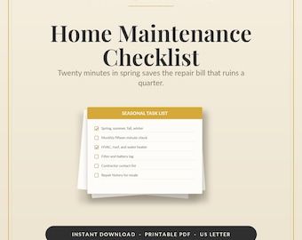 Seasonal Home Maintenance Checklist Printable | Yearly Home Upkeep Planner | New Homeowner Binder | Digital Download PDF