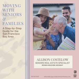 Puede incluir: Portada de libro con el título "MOVING WITH SENIORS & FAMILIES" y una foto de una familia multigeneracional. La portada también incluye el nombre "ALLISON COSTELOW, SENIORS REAL ESTATE SPECIALIST". El fondo es rosa claro.