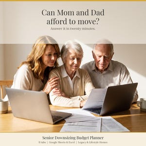 May include: A digital budget planner titled Senior Downsizing Budget Planner with 11 tabs for Google Sheets and Excel. The text reads Can Mom and Dad afford to move? Answer it in twenty minutes. It features a laptop and financial documents.