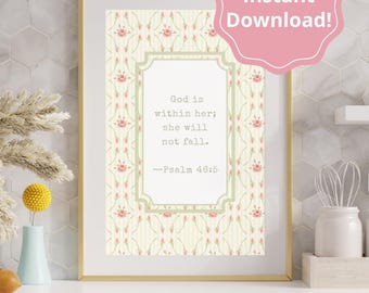 Pode incluir: Impressão emoldurada com o texto "Deus está nela; ela não cairá. -Salmo 46:5." A impressão tem um fundo floral e está rotulada como "Download instantâneo!" e "Arquivo digital, vários tamanhos."